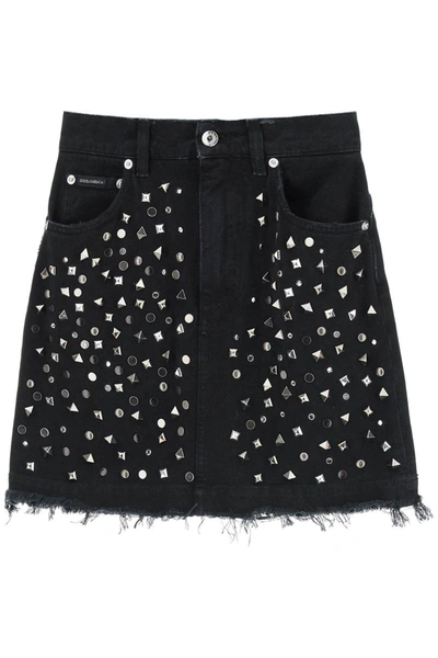 Shop Dolce & Gabbana Studded Denim Mini Skirt In Black