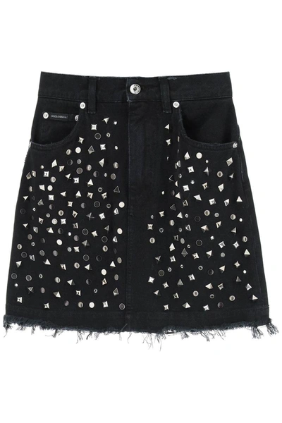 Dolce & Gabbana Studded Denim Mini Skirt In Black