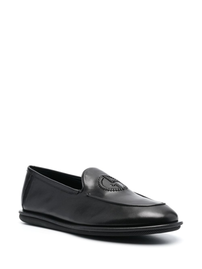 Shop Giorgio Armani Logo-embroidered Leather Loafers In Black