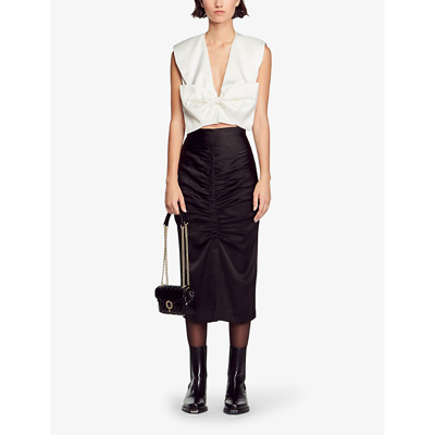 Sandro Womens Naturels Passy Bow-embellished Stretch-satin Crop Top In Naturels