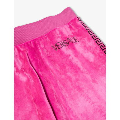 Shop Versace Girls Fuxia+black Kids Logo-embellished Stretch-velvet Jogging Bottoms 10-14 Years
