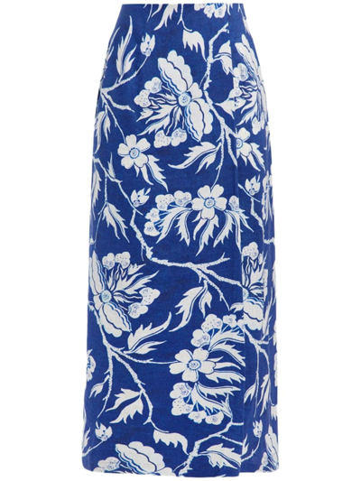 Shop Mara Hoffman Sunja Floral-print Straight Skirt In 413 Nvy Wht