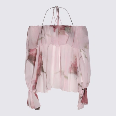 Shop Blumarine Pink Mauve And Orchid Cotton Ruflled Trime Tie Fastening Blouse In Pink/mauve/orchid