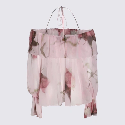 Shop Blumarine Pink Mauve And Orchid Cotton Ruflled Trime Tie Fastening Blouse In Pink/mauve/orchid