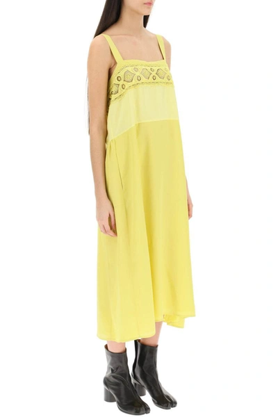 Shop Maison Margiela Silk-blend Midi Dress With Lace In Yellow