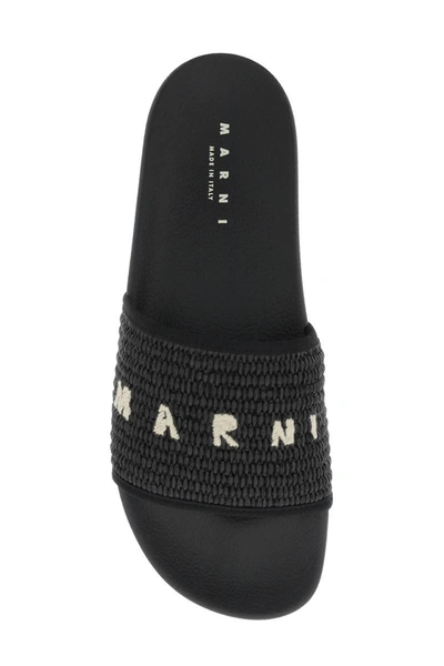 Shop Marni Logo Raffia Slides In Black