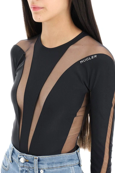 Shop Mugler Long Sleeve Illusion Bodysuit In Black