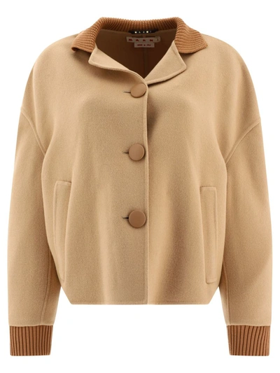 Shop Marni Short Coat With Ribbed Details In Beige