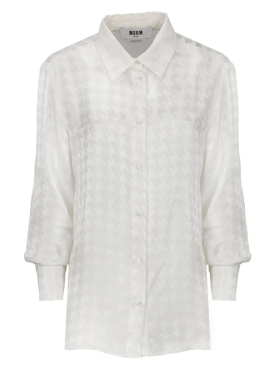 Shop Msgm Houndstooth Patterned Curved Hem Satin Shirt In White