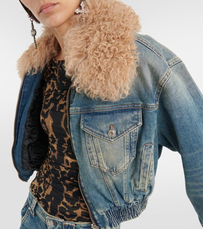 Shop Blumarine Faux Fur-trimmed Denim Jacket In Blue
