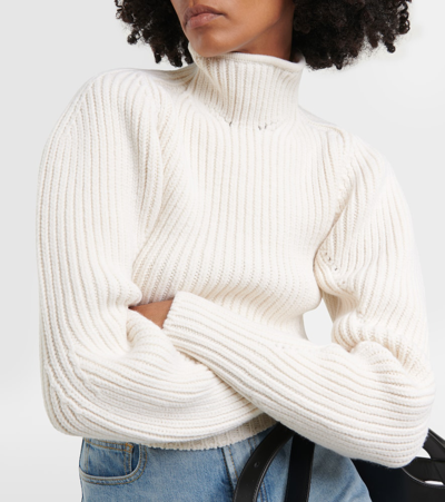 Shop Alaïa Ribbed-knit Wool-blend Sweater In White