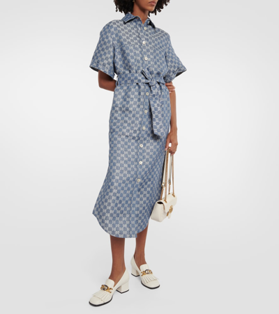 Shop Gucci Gg Jacquard Linen Shirt Dress In Blue
