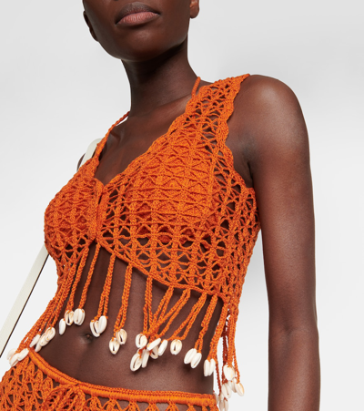 Shop Anna Kosturova Embellished Crochet Crop Top In Orange