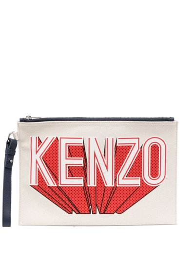 Shop Kenzo Logo-print Canvas Clutch Bag In Neutrals