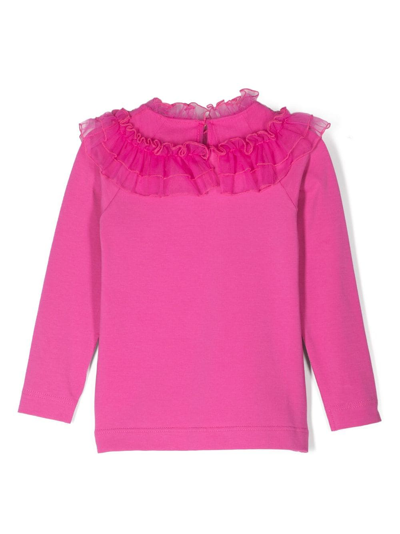 Shop Monnalisa Ruffle-collar Stretch-cotton T-shirt In Pink