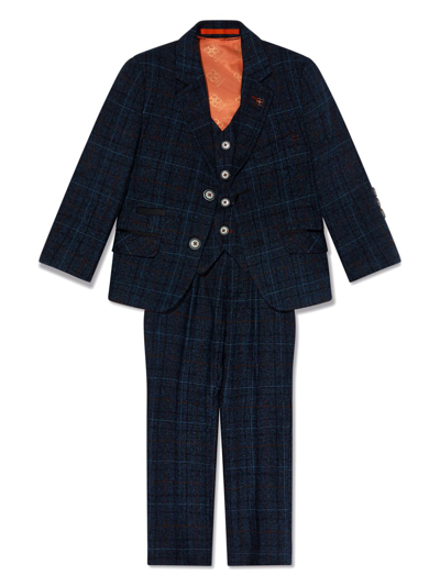 Shop House Of Cavani Single-breasted Checked Tweed Three Piece Suit In Blue