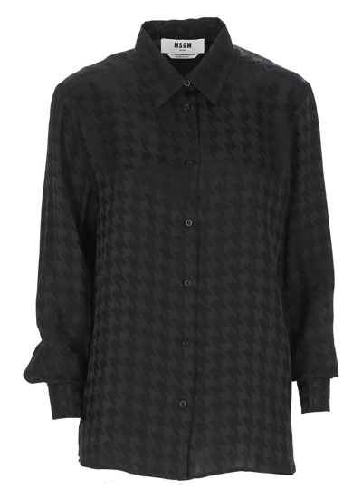 Shop Msgm Houndstooth Patterned Curved Hem Satin Shirt In Black