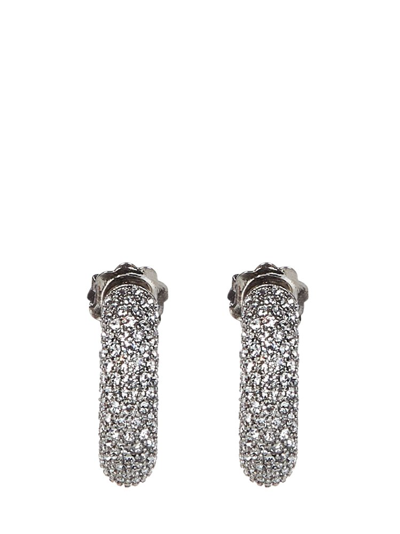 Shop Amina Muaddi Cameron Embellished Hoop Small Earrings In Silver