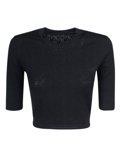 Shop Paco Rabanne Monogram Patterned Cropped Knitted Top In Black