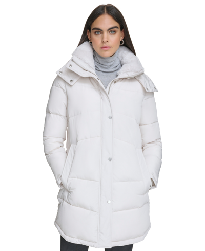 Calvin Klein Women's Faux-fur-trim Hooded Puffer Coat, Created For Macy's  In White Sand