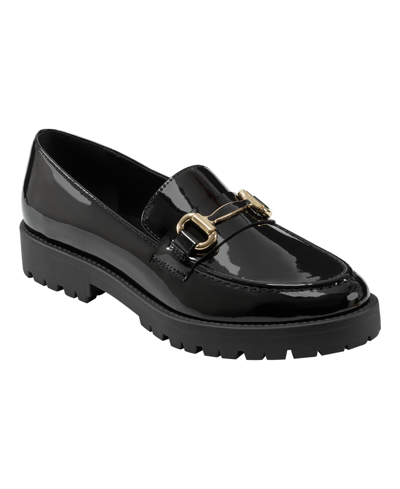 Shop Bandolino Women's Franny Round Toe Slip On Lug Sole Loafers In Black Faux Patent Leather