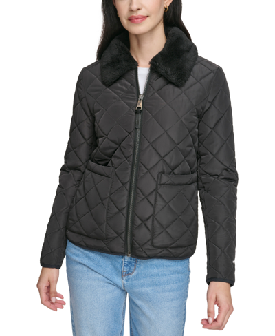 Shop Dkny Women's Faux-fur-collar Quilted Coat In Black