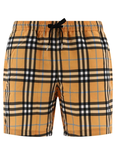 Shop Burberry "martin Medium Checks" Swim Shorts In Orange