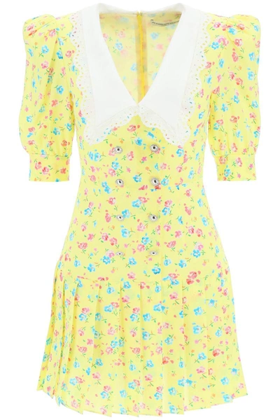 Shop Alessandra Rich Flower Print Silk Mini Dress In Yellow