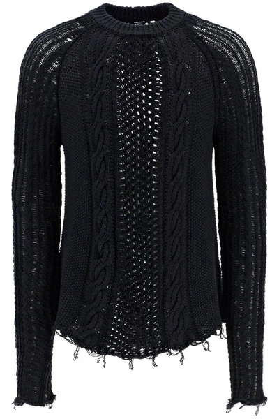 Shop Balmain Distressed Cotton Aran Sweater In Black