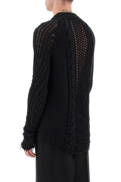 Shop Balmain Distressed Cotton Aran Sweater In Black