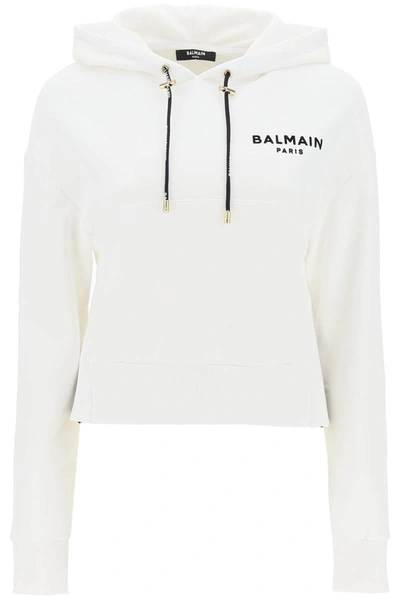 Shop Balmain Cropped Sweatshirt With Flocked Logo Print In White