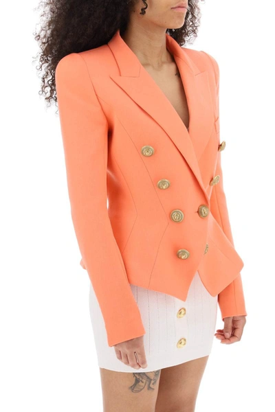 Shop Balmain Fitted Double-breasted Jacket In Wool In Pink
