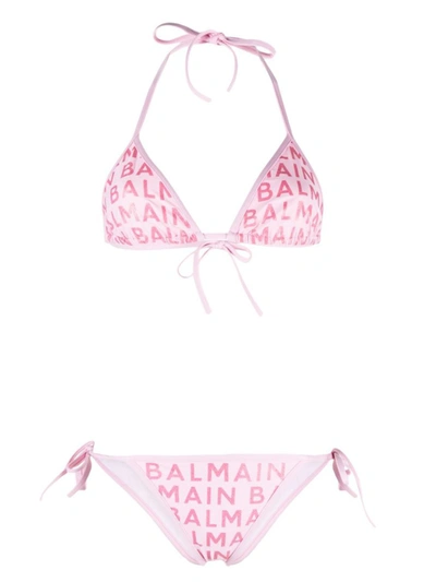 Shop Balmain Glittered Triangle Bikini Set In Pink