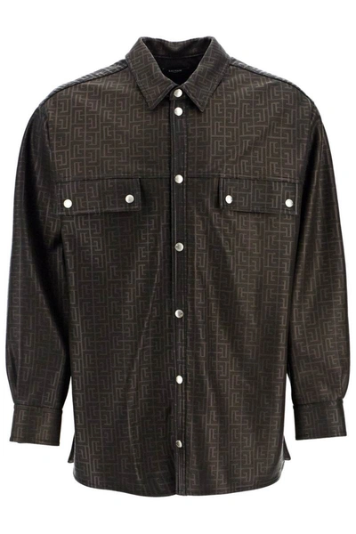 Shop Balmain Monogram Leather Overshirt In Black
