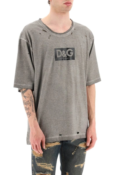 Shop Dolce & Gabbana Washed Cotton T-shirt With Destroyed Detailing In Grey