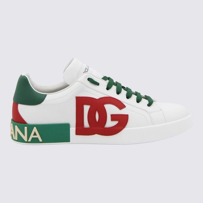 Shop Dolce & Gabbana White And Green Leather Portofino Sneakers