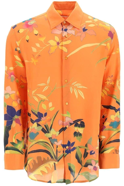 Shop Etro Flower Print Silk Shirt In Orange