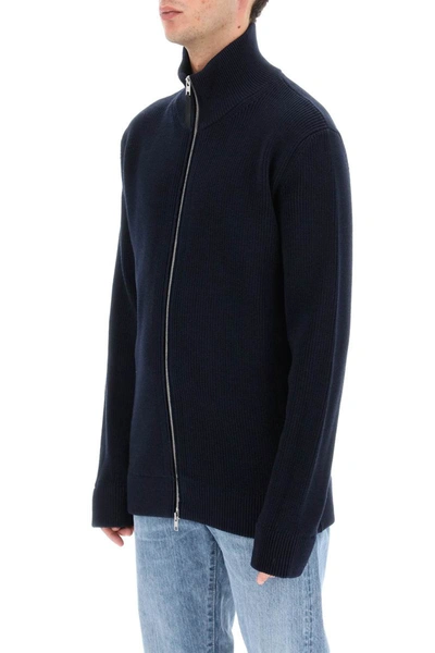 Shop Maison Margiela Full Zip Cardigan In Wool And Cotton In Blue
