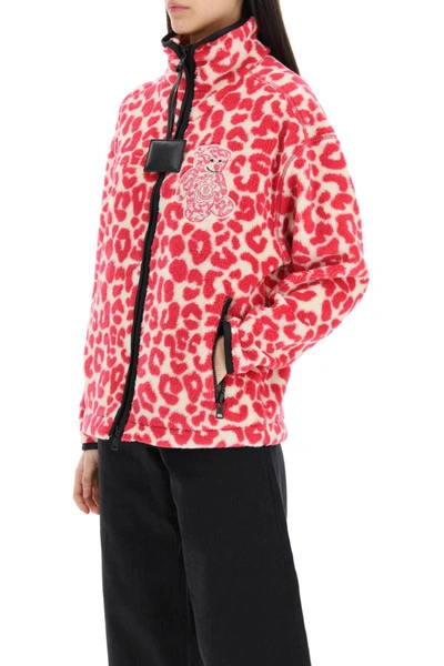 Shop Moncler Genius Moncler X Jwanderson Leopard Print Fleece Zip-up Sweatshirt With Teddy Patch In Fuchsia