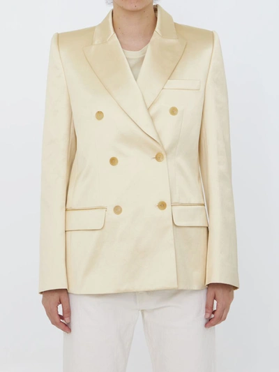 Khaite Nathan Double-breasted Cotton-blend Satin Blazer In Beige