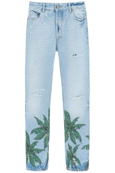 Shop Palm Angels Palm Tree Print Regular Fit Jeans In Distressed Denim In Blue