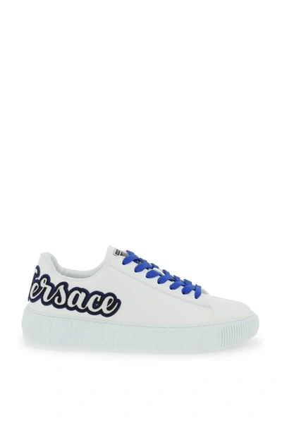 Shop Versace Greca Varsity Sneakers In White