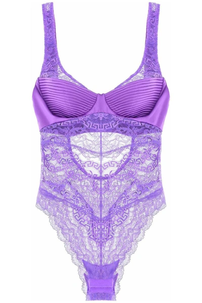 Shop Versace Satin And Lace Bodysuit In Purple