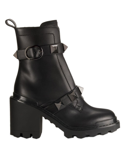 Shop Valentino Women's Roman Stud Leather Combat Boots In Nero