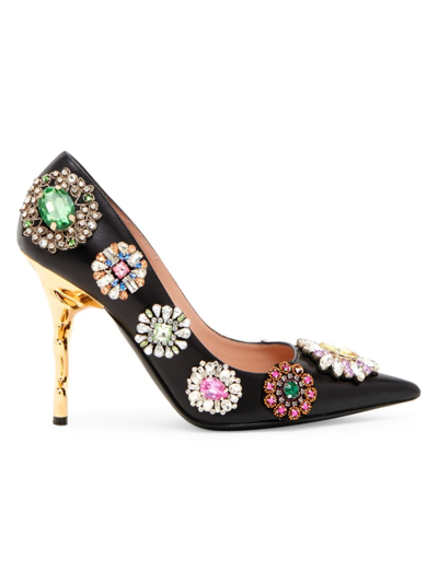 Shop Moschino Women's 100mm Embellished Leather Pumps In Nero
