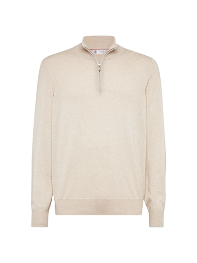 Shop Brunello Cucinelli Men's Cashmere Turtleneck Sweater With Zipper In Sand