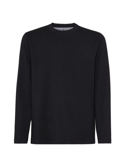 Shop Brunello Cucinelli Men's Cotton Jersey Basic Fit Long Sleeve Crewneck T-shirt In Black