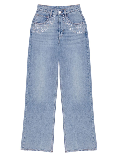 Shop Maje Women's Straight-leg Jeans With Rhinestones In Blue