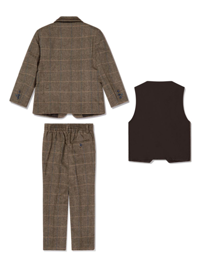 Shop House Of Cavani Single-breasted Checked Three-piece Suit In Brown