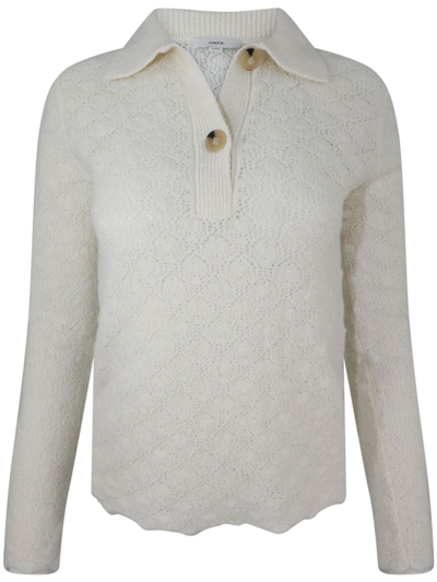 Shop Vince Long-sleeved Pointelle-knit Polo Top In White
